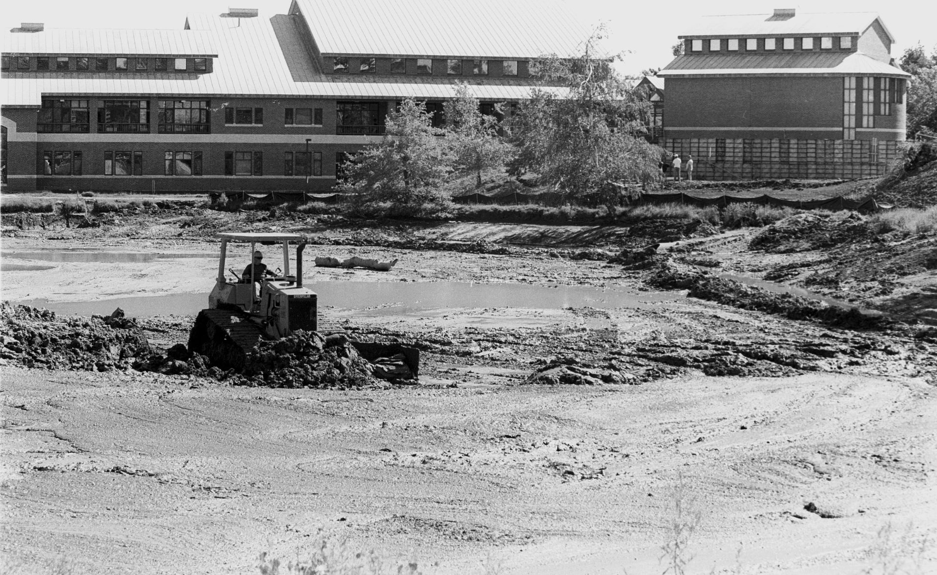 During the 1998 restoration, Lake Andrews was drained by opening the sluice gate at the north end. Once drained, bulldozers and backhoes removed 4,963 cubic yards of so-called dredge spoils, scraping the bottom to the base of marine clay