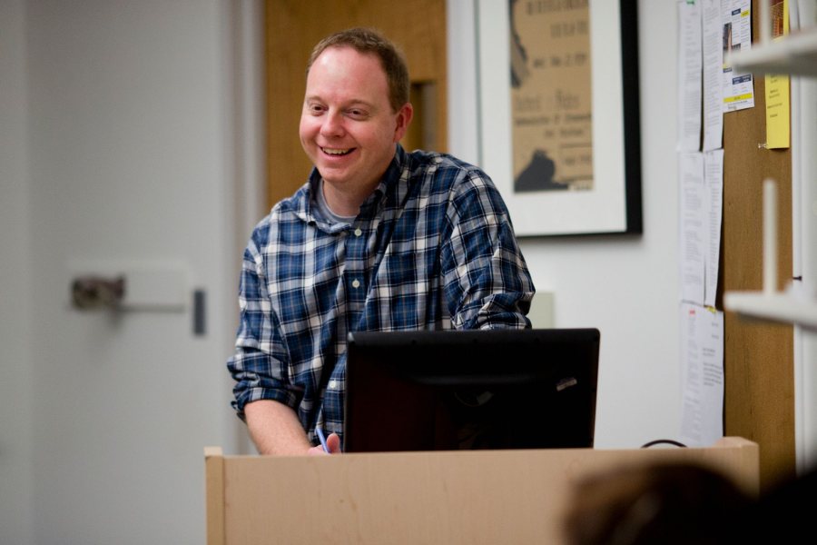 Associate Professor of Rhetoric, Film, and Screen Studies Jon Cavallero is pictured during a 2014 class. (Phyllis Graber Jensen/Bates College)