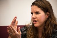 Stephanie Pridgeon, visiting assistant professor, Spanish, speaks on Burning the Revolution: Political Prisoners' Confiscated Books from Argentina's Dictatorship (1976-1983) during a Banned Books Week Talk in Ladd Library. (Theophil Syslo/Bates College)