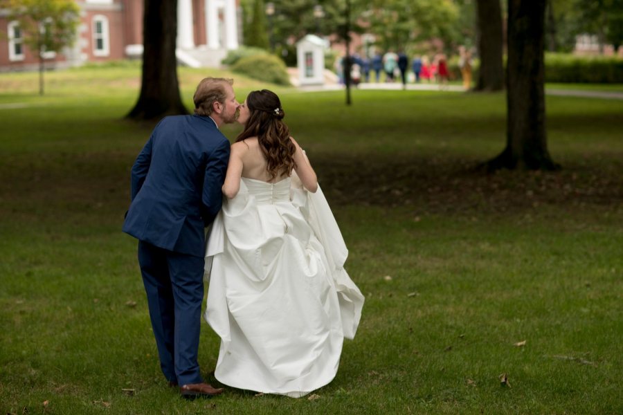 Bates alumni Elizabeth Merrill '00 and Lawson Rudasill '00 were married in the Bates College Chapel, with a "first look" and Ketubah (marriage contract) signing at Lake Andrews, followed by a cocktail hour in Commons' Fireplace Lounge, and a reception in Pettengill Hall's Perry Atrium. The ceremony officiants were Cynthia Link '00 and Ed Pauker '00.