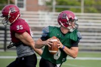 On a hot Labor Day holiday, Bates Head Football Coach Malik Hall leads his team in an early morning practice on Garcelon Field. Swipe left to view scenes from practice.
.
Hall was named the 20th head coach in Bates College football history on June 18, 2018.
.
Football plays its season opener at home against Amherst on Sept. 15. (Phyllis Graber Jensen/Bates College) #batescollege #athletics #football #coach #d3football #gobobcats