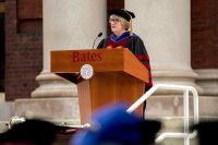 Convocation, held at 11 a.m. today on the Historic Quad, “provided Bates with an opportunity to welcome the Class of 2022, to celebrate the opening of the college, and to consider, as a community, our shared goals and hopes for the academic year,” said President Clayton Spencer.
.
Led by the College Mace Bearer Michael Murray, Phillips Processor of Economics, the Convocation procession included President Spencer, Student Body President Walter Washington '19 of Fleetwood, N.Y., and Associate Professor of History Joe Hall.
.

According to Spencer, “the College has resuscitated what was once a Convocation tradition at Bates: asking the outgoing senior class to select a faculty speaker for the incoming freshman class.” In this case, the Class of 2018 chose Hall to address the Class of 2022 -- and the entire Bates community. His talk was titled, “Questions for Bates.”
.

Immediately following Convocation, members of the Bates community attended a brief tree-planting ceremony, on the Quad behind Carnegie Science, held in memory of those in the Bates community who died during the past year. The ceremony was followed by a lunch will be served on the Library Quad for the college community.