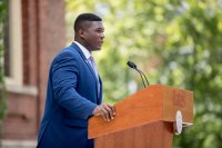 Convocation, held at 11 a.m. today on the Historic Quad, “provided Bates with an opportunity to welcome the Class of 2022, to celebrate the opening of the college, and to consider, as a community, our shared goals and hopes for the academic year,” said President Clayton Spencer.
.
Led by the College Mace Bearer Michael Murray, Phillips Processor of Economics, the Convocation procession included President Spencer, Student Body President Walter Washington '19 of Fleetwood, N.Y., and Associate Professor of History Joe Hall.
.

According to Spencer, “the College has resuscitated what was once a Convocation tradition at Bates: asking the outgoing senior class to select a faculty speaker for the incoming freshman class.” In this case, the Class of 2018 chose Hall to address the Class of 2022 -- and the entire Bates community. His talk was titled, “Questions for Bates.”
.

Immediately following Convocation, members of the Bates community attended a brief tree-planting ceremony, on the Quad behind Carnegie Science, held in memory of those in the Bates community who died during the past year. The ceremony was followed by a lunch will be served on the Library Quad for the college community.