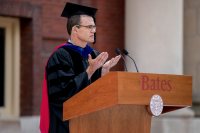 Convocation, held at 11 a.m. today on the Historic Quad, “provided Bates with an opportunity to welcome the Class of 2022, to celebrate the opening of the college, and to consider, as a community, our shared goals and hopes for the academic year,” said President Clayton Spencer.
.
Led by the College Mace Bearer Michael Murray, Phillips Processor of Economics, the Convocation procession included President Spencer, Student Body President Walter Washington '19 of Fleetwood, N.Y., and Associate Professor of History Joe Hall.
.

According to Spencer, “the College has resuscitated what was once a Convocation tradition at Bates: asking the outgoing senior class to select a faculty speaker for the incoming freshman class.” In this case, the Class of 2018 chose Hall to address the Class of 2022 -- and the entire Bates community. His talk was titled, “Questions for Bates.”
.

Immediately following Convocation, members of the Bates community attended a brief tree-planting ceremony, on the Quad behind Carnegie Science, held in memory of those in the Bates community who died during the past year. The ceremony was followed by a lunch will be served on the Library Quad for the college community.