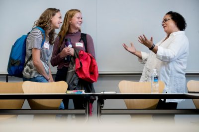 Author Julie Lythcott-Haims, author of "Real American," common read for the Class of 2022, visited Bridget Fullerton's FYS 489 - "Writing Ourselves, Writing With Others: Identity, Community, and Discourse." According to Carrie Murphy, assistant dean of students for first-year programs, Fullerton is a member of the Common Read Committee and developed some of the curriculum/writing tie-ins that other FYS instructors have adopted to infuse Real American into their courses, so she is a natural choice. Additionally, her FYS fits perfectly since it is "Writing Ourselves, Writing with Others" - great for exploration of a memoir. Bridget has invited her colleague from Writing at Bates, Stephanie Wade, to also have her FYS join. Stephanie's FYS is "Cultivating Social Justice in Community Gardens". Given that both classes will be in attendance, they'll be meeting in Commons 211 from 11am-12:30pm on Tuesday, August 18.