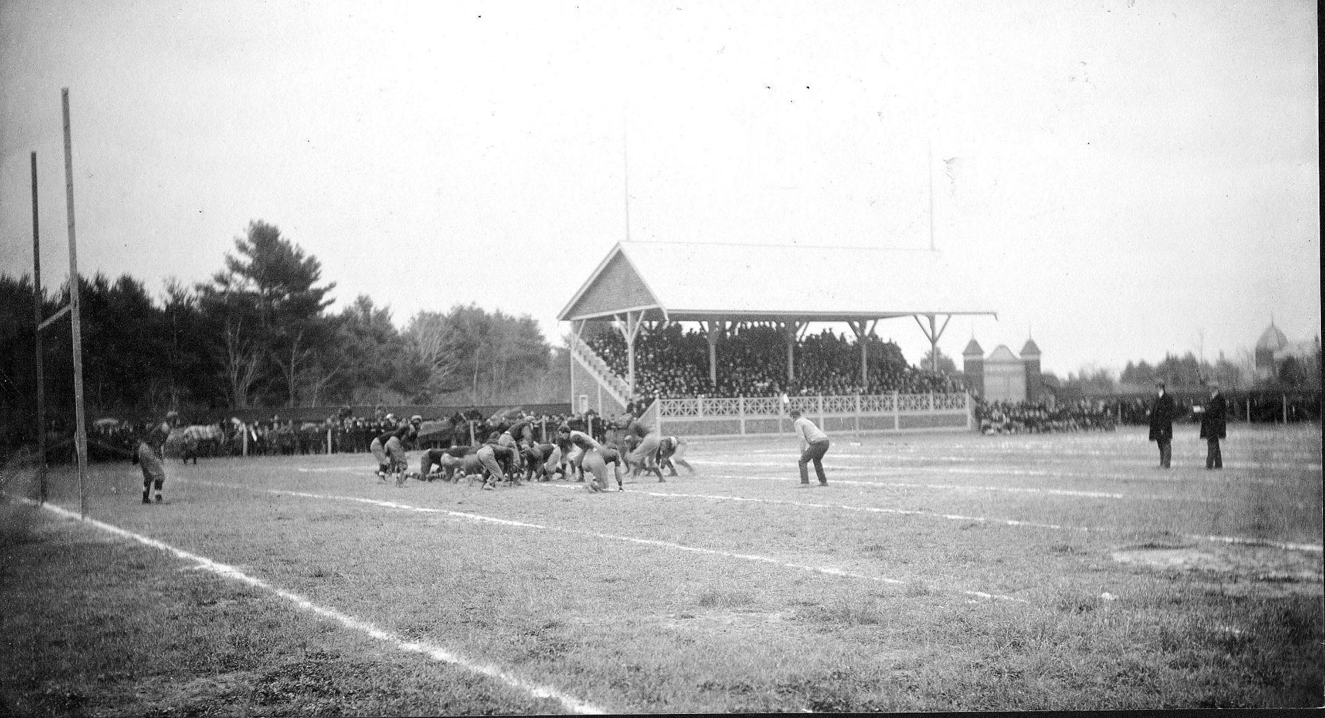 Two years after the 1899 completion of Garcelon Field, Bates and Bowdoin square off in football in November 1901. Bates won, 11-0. (Muskie Archives and Special Collections Library)