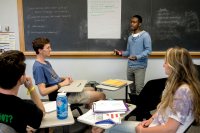 Students engage in a discussion in the course "Community Organizing for Social Justice," taught by Associate Professor of Education Mara Tieken and focusing on the theory and practice of community organizing for social or political change. (Phyllis Graber Jensen/Bates College)
