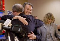 Ben Cline '94, R-Va., elected to the U.S. House on Tuesday night, hugs outgoing Rep. Bob Goodlatte '74 before giving his acceptance speech in Roanoke. (Heather Rousseau / copyright The Roanoke Times, reproduced by permission)