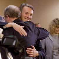 Ben Cline '94, R-Va., elected to the U.S. House on Tuesday night, hugs outgoing Rep. Bob Goodlatte '74 before giving his acceptance speech in Roanoke. (Heather Rousseau / copyright The Roanoke Times, reproduced by permission)