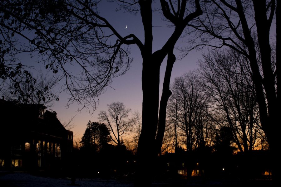A finals-week sunset transforms the Historic Quad. (Phyllis Graber Jensen/Bates College) 