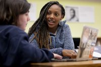 Interdisciplinary major Sarah Raphael '21 of Carlisle, Pa., receives advice from psychology major Kudzaiishe Irene Mapfunde '19 of Harare,Zimbabwe for her final project for "AVCM 376C - Siena: Art and Social Memory," a seminar on social memory in Sienna taught by Phillips Professor of Art and Visual Culture Rebecaa Corrie. The two students are student managers in Ladd Library's Academic Resource Commons where they met on Sunday night, March 3, 2019.