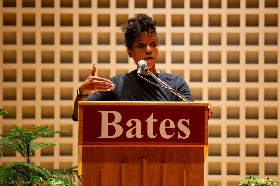 Imani Perry, the 2019 Social Justice Speaker, talks about the pitfalls of online activism on March 7. (Samuel Mironko ’21/Bates College)