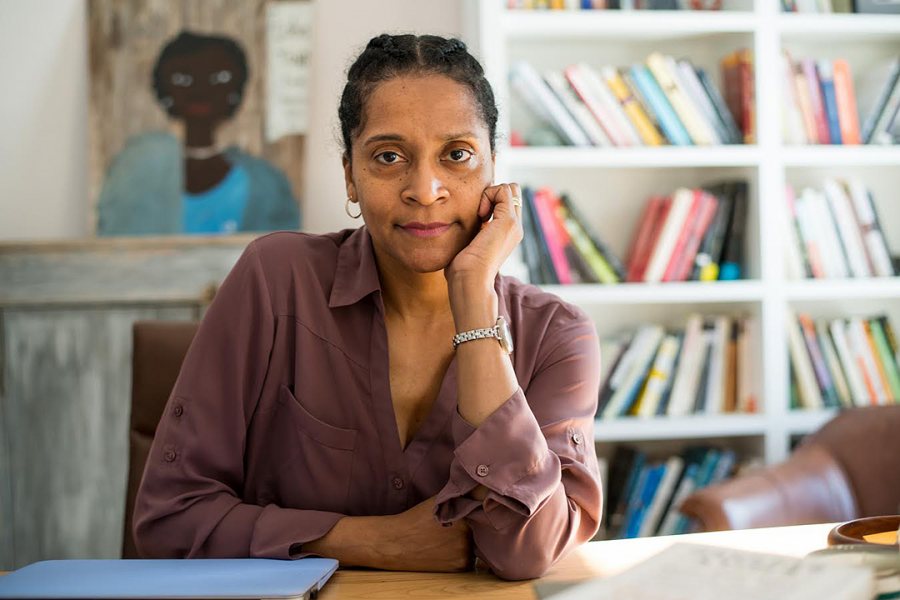 Emily Bernard, a professor of English at the University of Vermont, reads from her autobiographical essays on April 4. (Andy Duback)