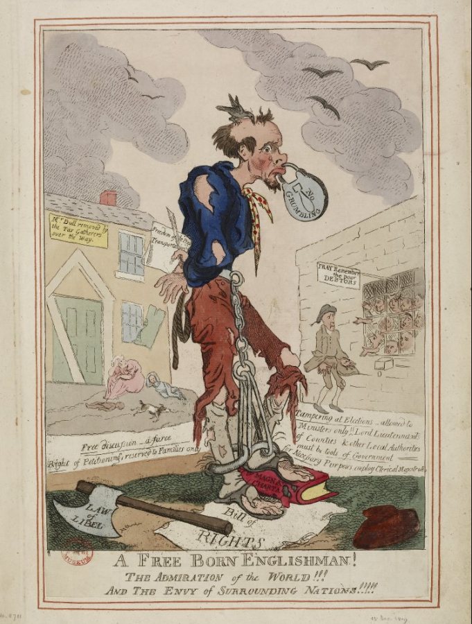 British society grappled often and publicly with the tension between freedom of speech and the right to reputation. In this 1795 political cartoon, possibly related to a pair of laws restricting public meetings, a man‘s mouth is shut by a padlock reading ”No grumbling.” (The British Museum) 