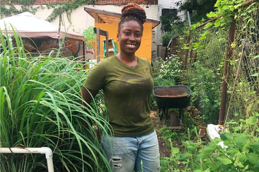 Yemi Amu, co-founder of Oko Farms in Brooklyn, speaks about food justice on April 1.