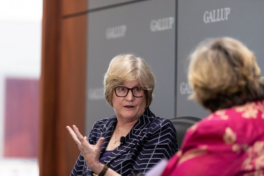 "Purposeful work is work that aligns how you act in the world with your deepest interests, values, and strengths.".Earlier today at Gallup World Headquarters in Washington, D.C., President Clayton Spencer talked to New York Times Assistant Managing Editor Carolyn Ryan '86 about the release of a new study in collaborati