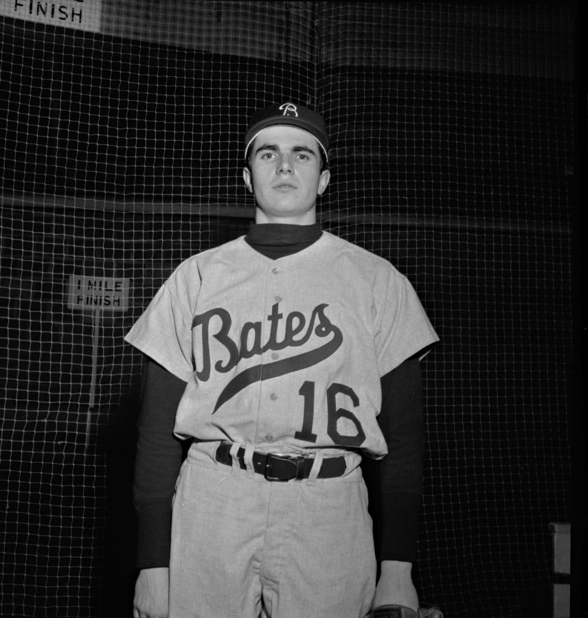 A pitcher for Bates, David Nash '68 adopts a serious look for his baseball portrait in spring 1967. (Muskie Archives and Special Collections Library)