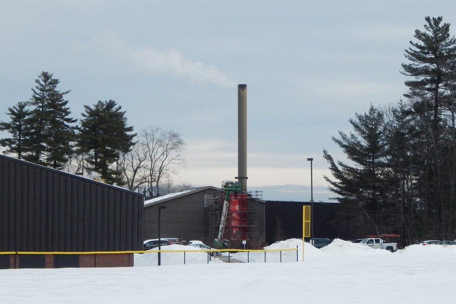 The college heating plant in December 2016, just weeks before Bates began using Renewable Fuel Oil. At center, the RFO tank is under construction. (Doug Hubley/Bates College)