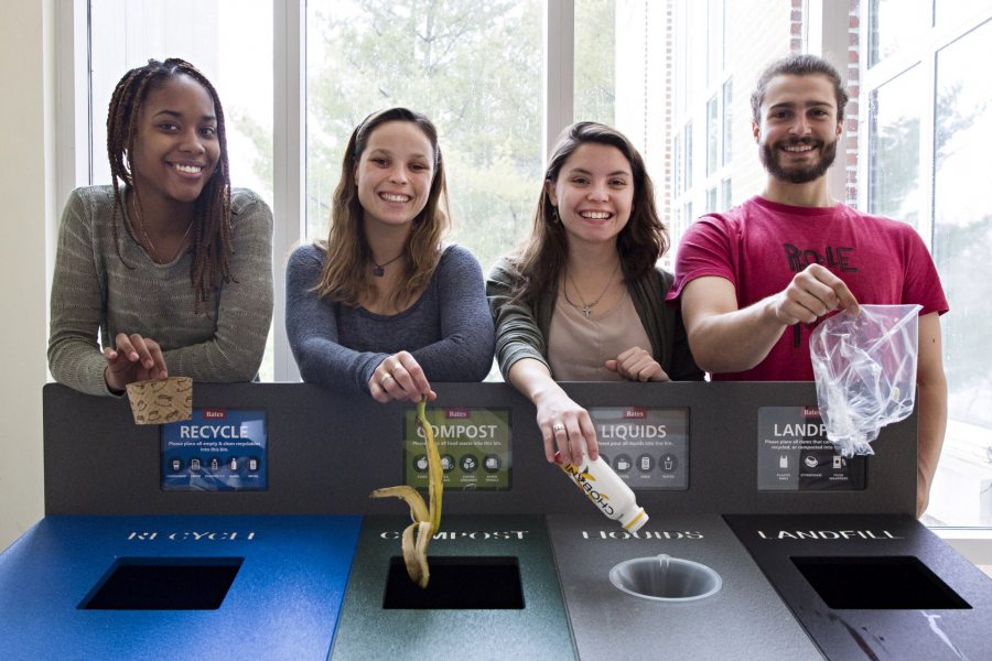 Eco Reps Isa Moise '19 of Mt. Vernon, N.Y., Beanie O'Shea '18 of Somers, Conn., Hannah Slattery '18 of Gilford, N.H., and George Fiske '19 of West Hartford, Conn., pose for a portrait.Members of the Eco Reps along with Sustainability Manager Tom Twist pose for portraits and demonstrate the proper use of new waste systems on campus.