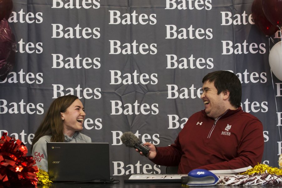 On the 2018 Great Day to Be a Bobcat broadcast, Sarah Rothmann ’19 talks to Assistant Sports Information Director Aaron Morse about her work on <em>The Bates Student</em>. (Theophil Syslo/Bates College)