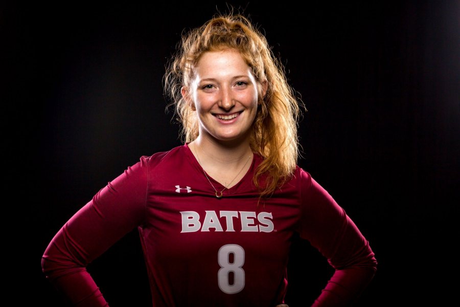 Claire Naughton '19 poses for her volleyball portrait in August 2018. (Brewster Burns for Bates College)