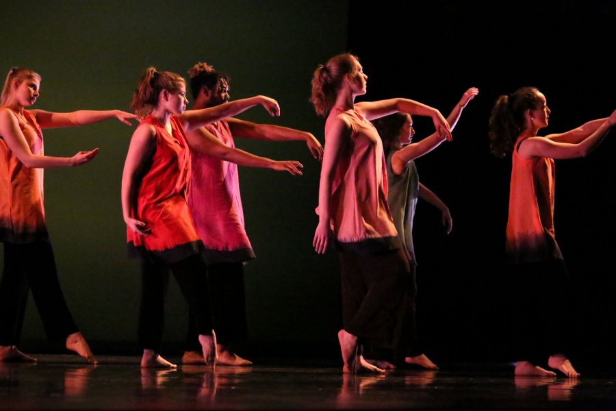 Dancers perform "Passing," a piece choreographed as a tribute to Marcy Plavin’s life and legacy. ((Samuel Mironko '21 for Bates College)