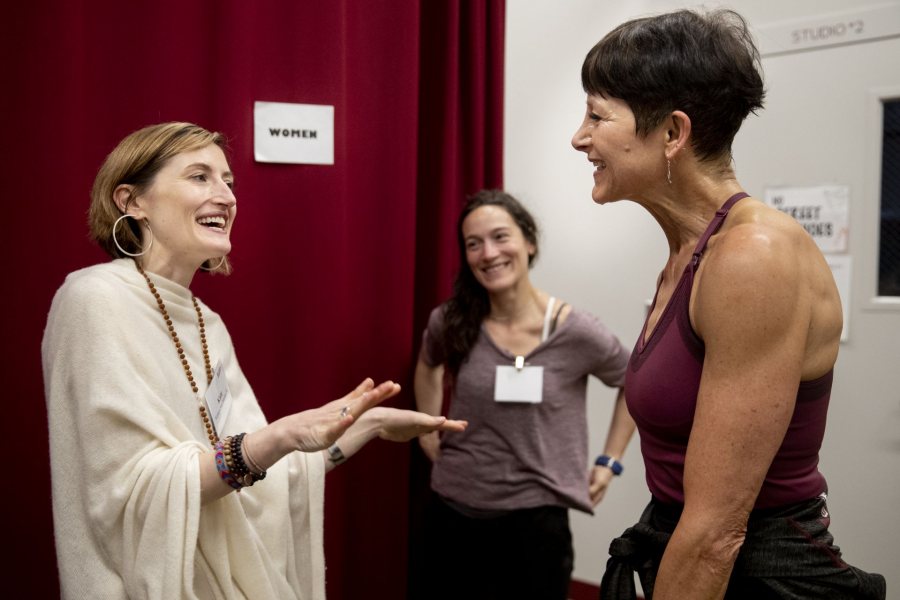 "It's incredibly edifying go be in the presence of such strong women who this program built its shoulders upon."Michael Foley '89 opens his class on Modern Dance for the over-40s in the Marcy Plavin Dance Studios. The session was one of several classes held on campus this morning as part of the weekend-long “50 Years of Bates Dance” celebration .