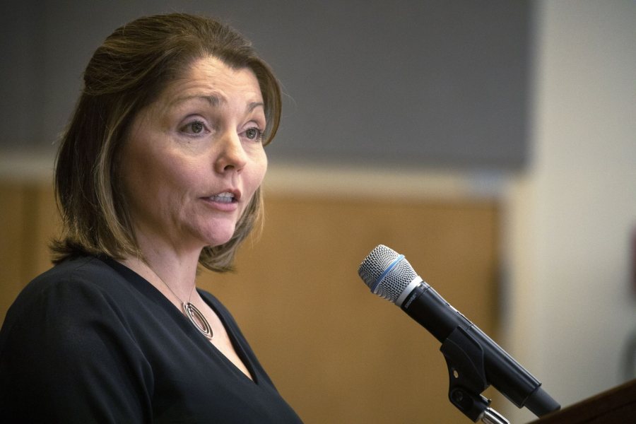 April Hill speaks in a Pettengill Hall classroom during an April 29 event celebrating her appointment as the Wagener Family Professor of Equity and Inclusion in STEM. (Theophil Syslo/Bates College)