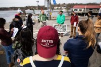 Bates students visit Damariscotta to meet with the town manager and talk about sea level rise and climate change impacts while participating in Lynne Lewis and Francis Eanes short term course 'In Search of Higher Ground' on May 1, 2019. In Search of Higher Ground: Sea Level Rise, Coastal Flooding and the Future of the Eastern Seaboard Climate change, increased storm frequency and intensity, and sea level rise have created an urgent need for adaptation planning for many communities along the U.S. eastern seaboard. In this course students examine adaptation strategies and vulnerability assessments with a goal of understanding social and economic vulnerability and the complexities of coastal retreat. Utilizing climate adaptation planning tools, mapping technology, and on the ground observation, students examine adaptation strategies including managed retreat, buyouts, living shorelines, and and green infrastructure. Students consider the current and future role of FEMAís national flood insurance program as a major mechanism for incentivizing resilient or reckless coastal development. Based in experiential learning, students engage in discussions with experts, practitioners, and residents in highly vulnerable coastal areas in Maine, as well a ten-day trip to coastal communities in Virginia and North Carolina. Recommended background: ECON 250 or other statistics course. Prerequisite(s): ECON 101 or 222, or ENVR 209. New course beginning Short Term 2019. 1.000 Credit hours