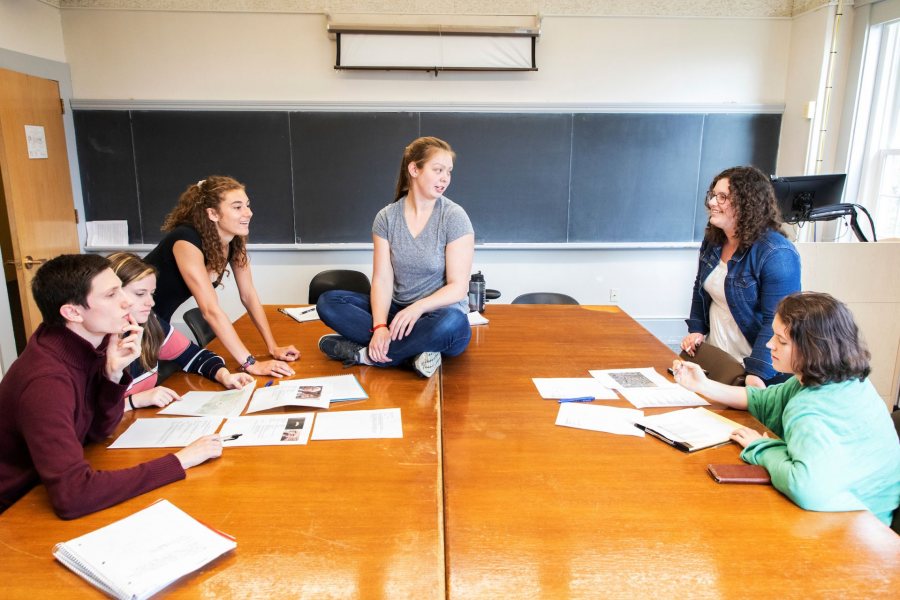 Nicholas Damianos 19 of North Hampton, N.H., Arianna Fano 19 of Lincolnshire, Il., Alexia Perugini 22 of Guilford Conn., Elise Lambert 22 of Amherst N.H., and Samantha "Sam" Tyler 19 of Milton, Mass., and Abigail "Abby" Westberry, 19 of Readfield, ME,Moments from inside Elly Rostoum 07 practitioner-taught course (CIA/intelligence) "Spies, Special Agents and the Presidency," in 314 Hathorn on May 14, 2019. Students participated in a a counterintelligence exercise 'find the mole' where they were provided with a hypothetical set of circumstances and pieces of information and worked in groups to find 'the mole.'