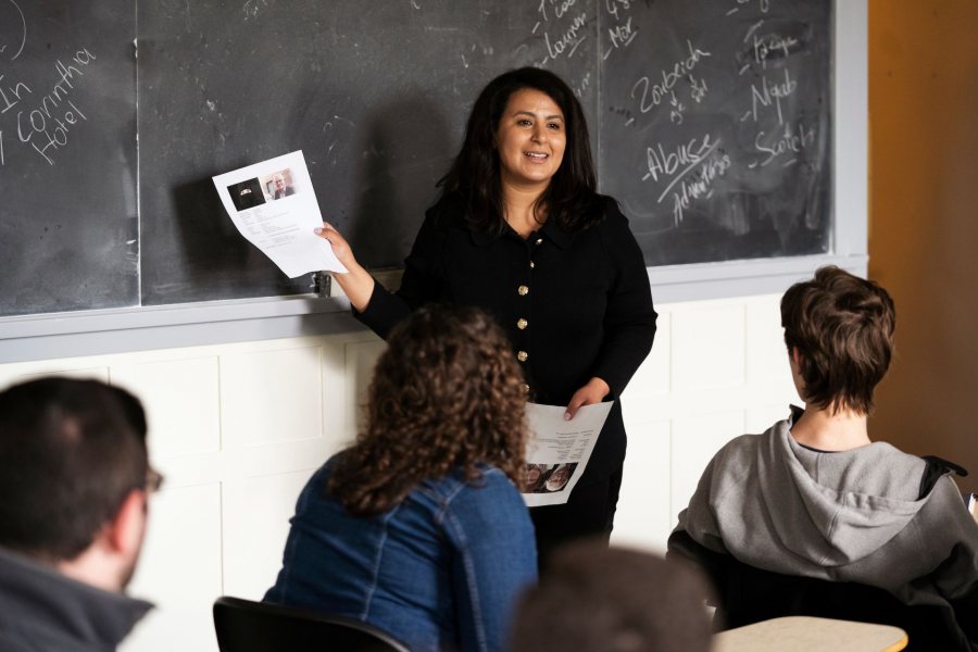 Moments from inside Elly Rostoum ’07 practitioner-taught course (CIA/intelligence) "Spies, Special Agents and the Presidency," in 314 Hathorn on May 14, 2019. Students participated in a a counterintelligence exercise 'find the mole' where they were provided with a hypothetical set of circumstances and pieces of information and worked in groups to find 'the mole.'