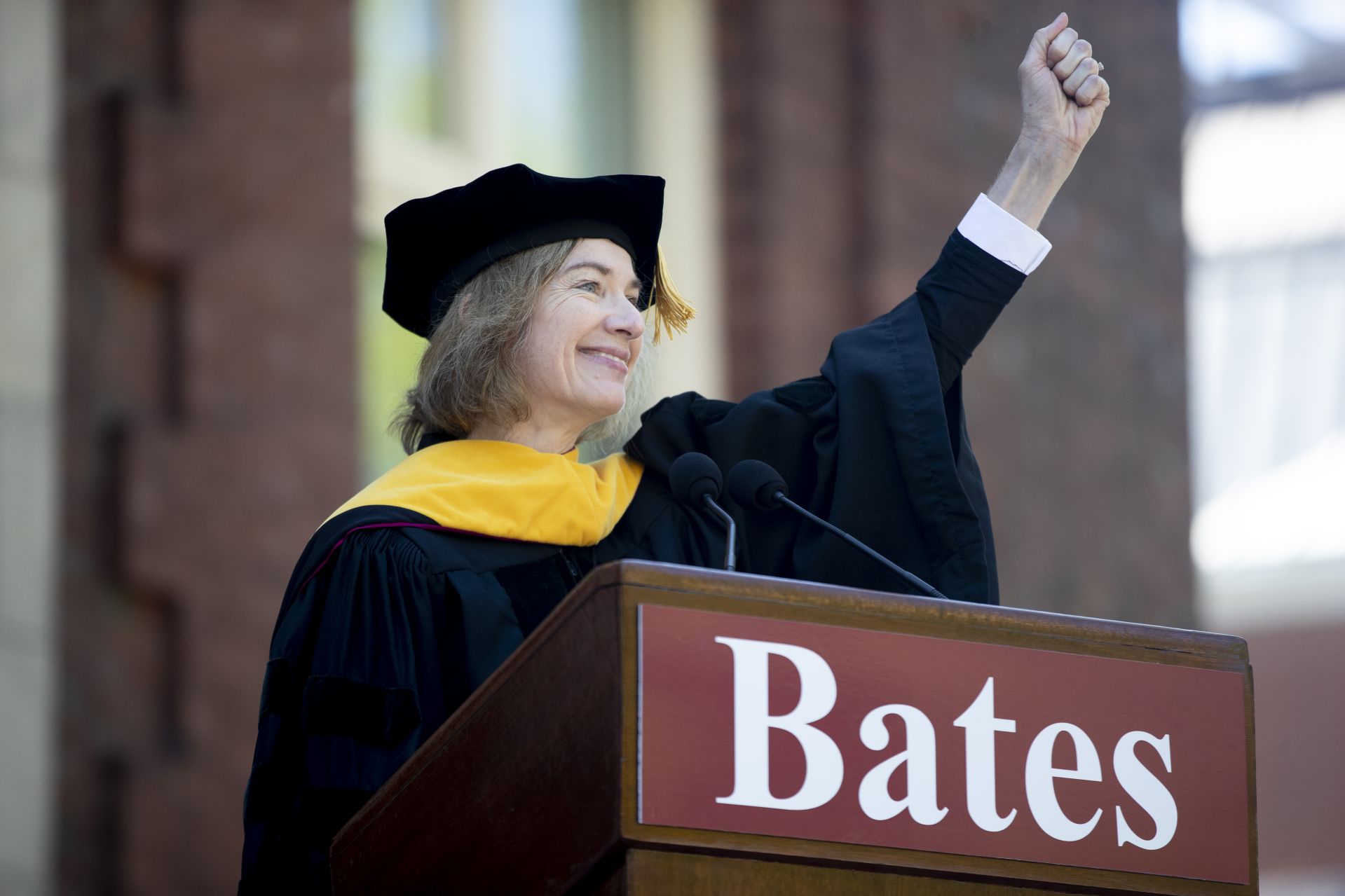 Commencement speaker and biochemist Jennifer Doudna salutes the 469 members of Bates’ Class of 2019. (Phyllis Graber Jensen/Bates College)