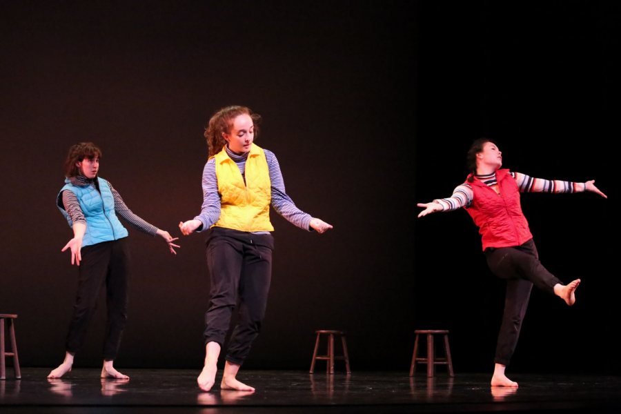 current dance students Flannery Black-Ingersoll '19 (blue), Becca Howard '19 (red), and Shae Gwydir '20 (yellow) perform "Contact Disco"- a piece they choreographed in their Advanced Composition class. 