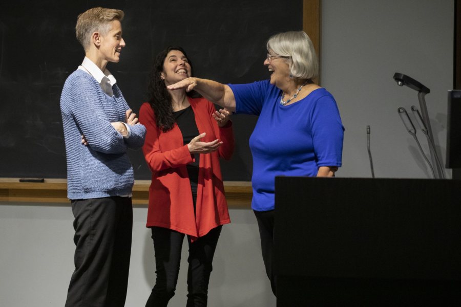 World record holding marathon swimmer Pat Gallant-Charette visits Visiting Instructor of Psychology Rebecca Fraser-Thill's Short Term class, "PSYC S39 - Composing a Life: Narrative Identity Development Across the Lifespan," in combination with Associate Professor of Sociology Heidi Taylor's Sociology "Sociology s26:  Life Course and Aging." Pat's visit was supported by the Purposeful Work Infusion Project and held in Olin 104.  Pat didn't pick up swimming until her late 50s and this "is an amazing testament to successful aging," says Fraser-Thill."