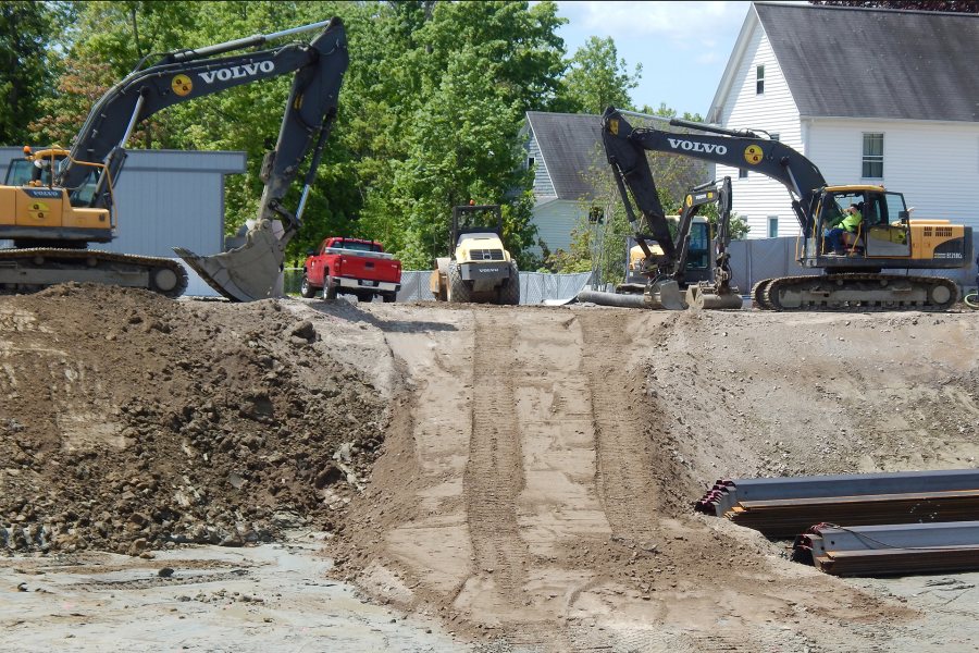 Maintaining a ramp down into the foundation hole goes on constantly. Here's the June 3, 2019, edition. (Doug Hubley/Bates College)