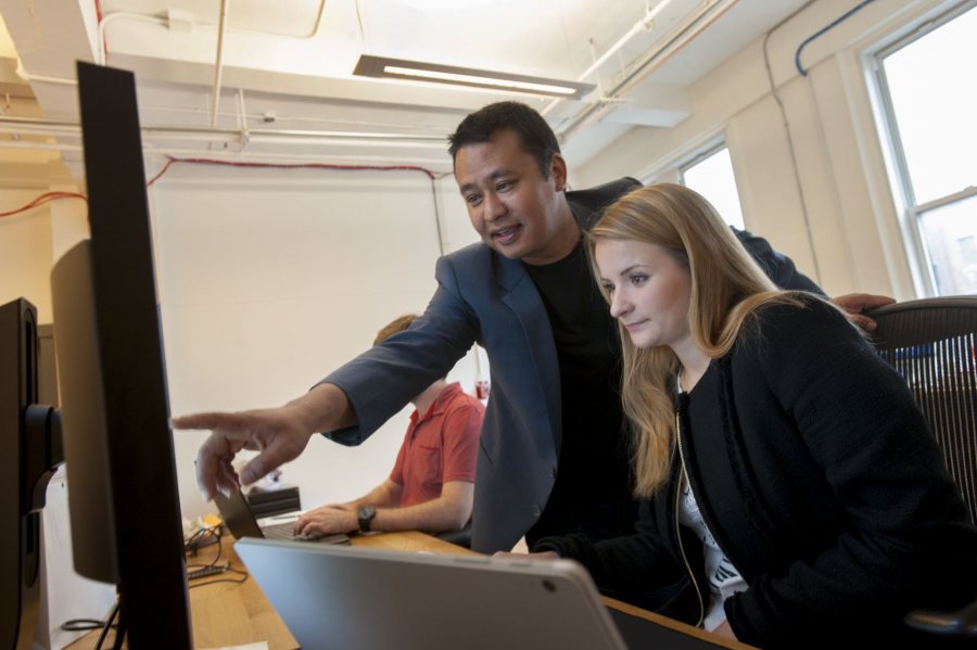 Kristyma Alexova B'19 interns during Career Trek in NYC with  Sameer Maskey B'02, founder of FuseMachines