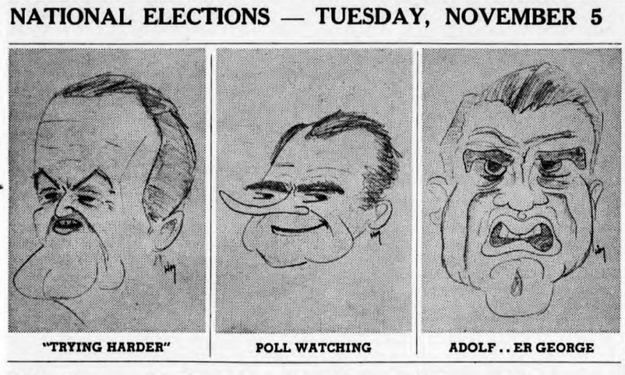 Depicting candidates Hubert Humphrey, Richard Nixon, and George Wallace, this uncredited political cartoon appeared in The Bates Student the week before the 1968 presidential election.