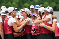 INDIANAPOLIS, IN - JUNE 01: Bates College celebrates during the Division III Women's Rowing Championship held at the Indianapolis Rowing Center on June 1, 2019 in Indianapolis, Indiana. (Photo by Justin Tafoya/NCAA Photos via Getty Images)