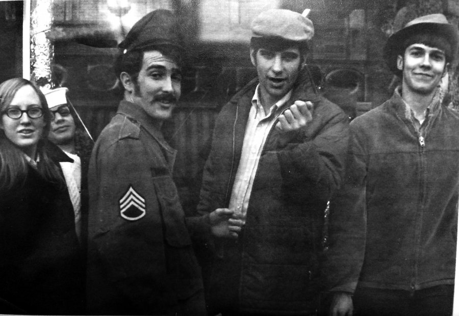 Circa 1969 downtown Lewiston, Mac Herrling '72 (second from right) poses with, from left, Jackie Kopco Kopco '71, an unidentified friend, Ted Barrows '71, and Ned Ayers '72. (Photograph courtesy of Mac Herrling)