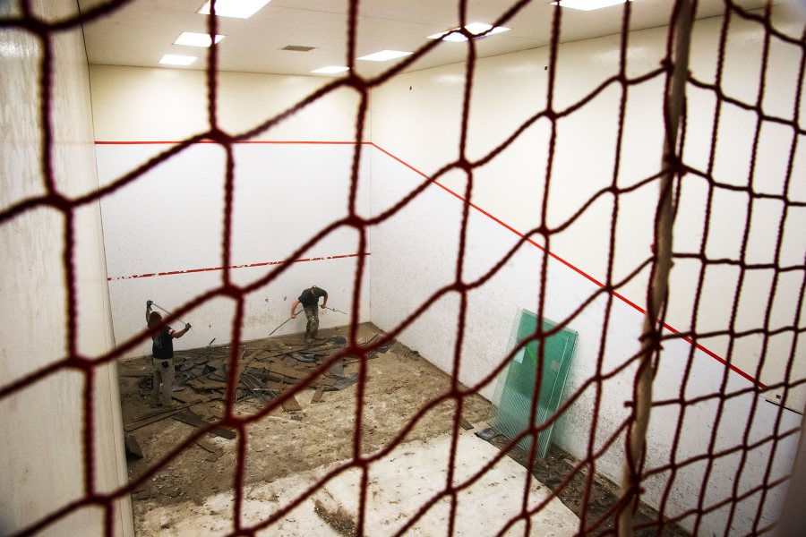 Demolition of an under-used Merrill Gym squash court in June 2019. The area is being repurposed into a physical therapy area for Bates’ sports medicine program. (Theophil Syslo/Bates College)