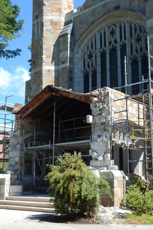 The ongoing "destructive investigation" of the Gomes Chapel portico will reveal the feature's fundamental structural health. (Doug Hubley/Bates College)