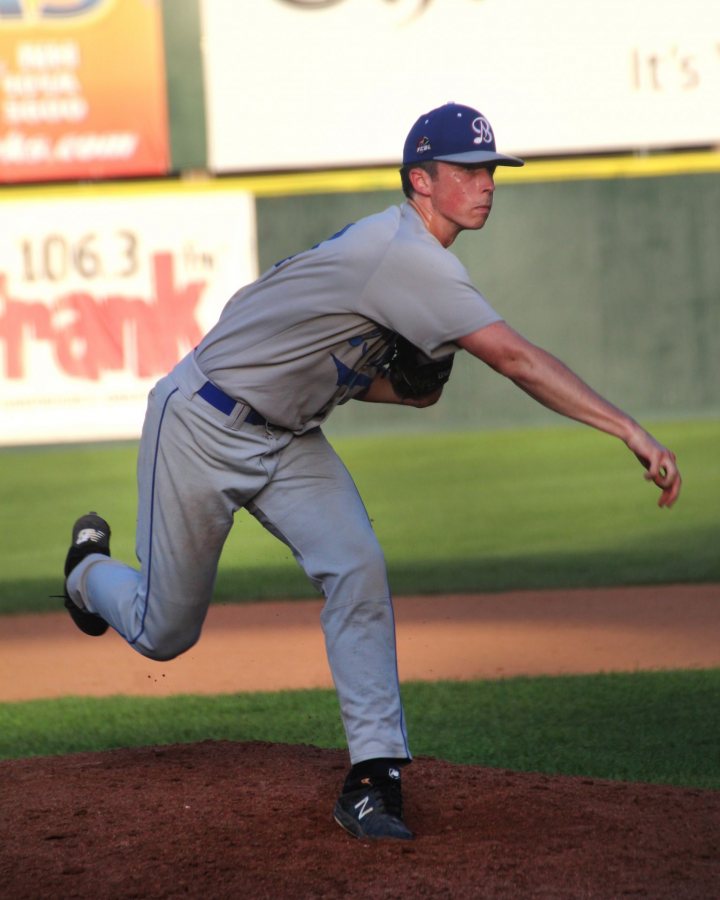 Miles Michaud pitches for the Bristol Blues on July 21. (Photograph by Peggy Arend)