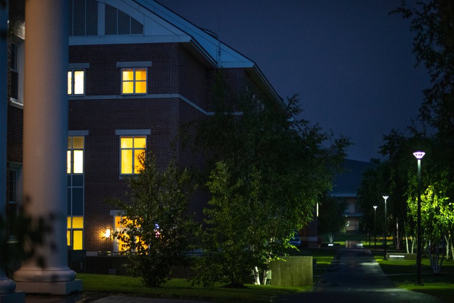 Night just after a summer rain.Pettengill Hall, Alumni Walk