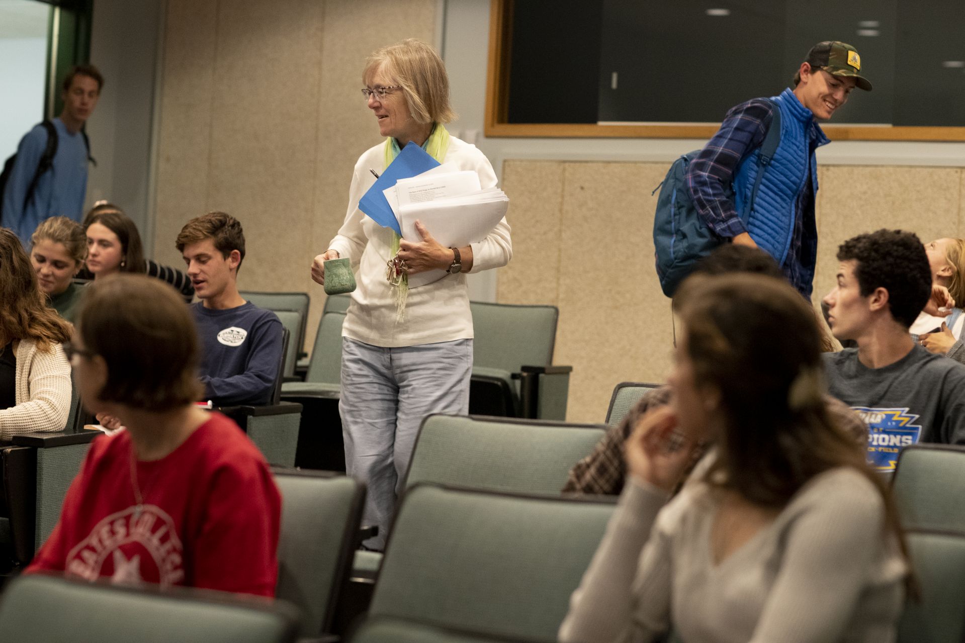 After a false start, Costlow arrives for her "Lives in Place" class in Olin Arts Center. (Phyllis Graber Jensen/Bates College)
