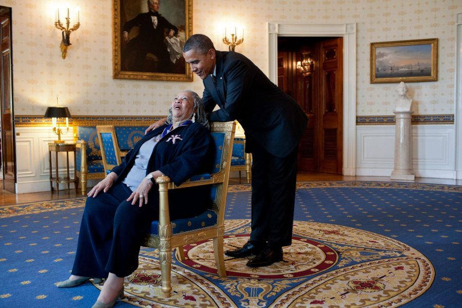 President Barack Obama talks with Presidential Medal of Freedom recipient Toni Morrison in the Blue Room of the White House, May 29, 2012. (Official White House Photo by Pete Souza)This official White House photograph is being made available only for publication by news organizations and/or for personal use printing by the subject(s) of the photograph. The photograph may not be manipulated in any way and may not be used in commercial or political materials, advertisements, emails, products, promotions that in any way suggests approval or endorsement of the President, the First Family, or the White House.Ê