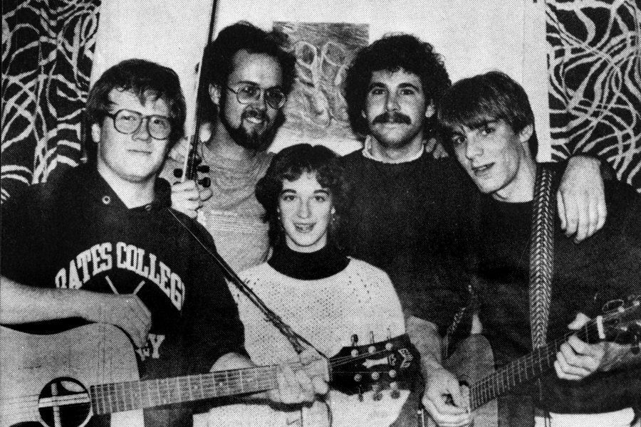 Violinist Miriam Smith '85 is shown with one of her campus bands, Mir and the Bad Examples, in the 1985 <em>Mirror</em>. The other members are, from left, Adam Ableson, C.J. May, Paul Macuika, and Sam Paul. 