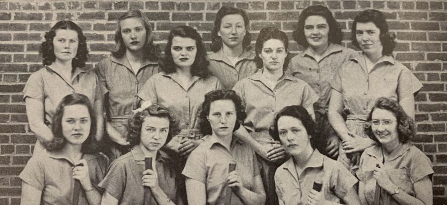 Dorothy Foster Kern ’42, pictured first row, center, was the goaltender on the Bates field hockey team. (Muskie Archives & Special Collections)