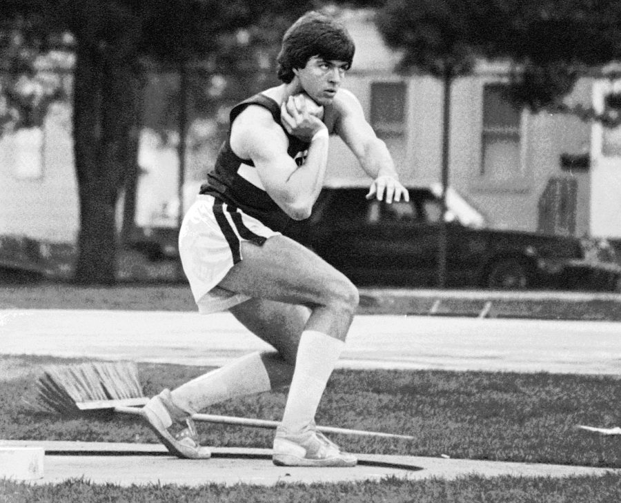 Peter Goodrich '89, shown throwing the shot put for Bates, "was a gentleman," said classmate Greg Nespole '89. (Muskie Archives and Special Collections Library)