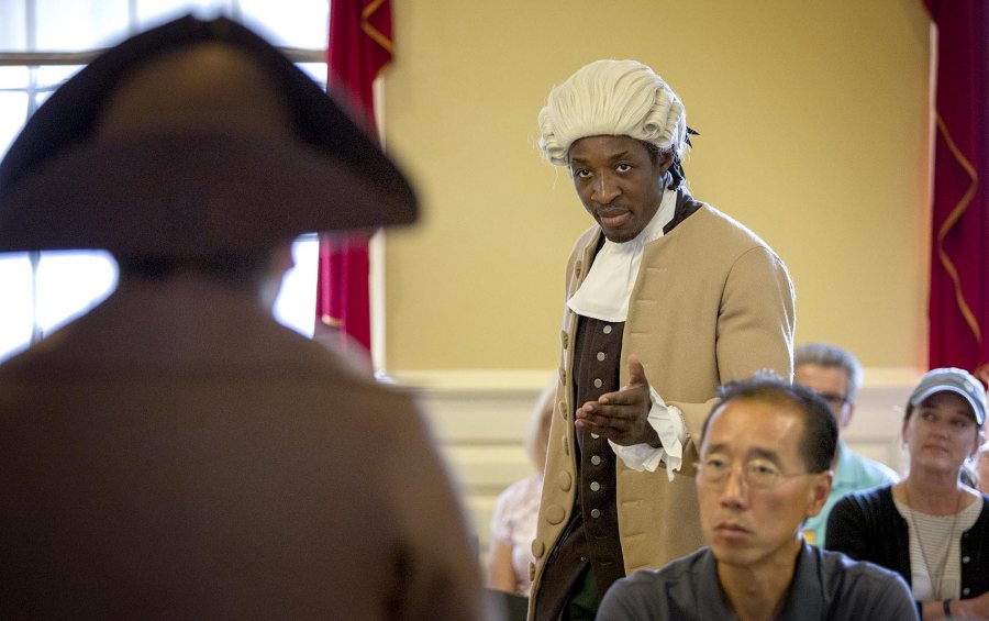 Stephen Sampson plays Prince Hall at a performance of "The Petition" at the Old State House. (Robin Lubbock/WBUR)