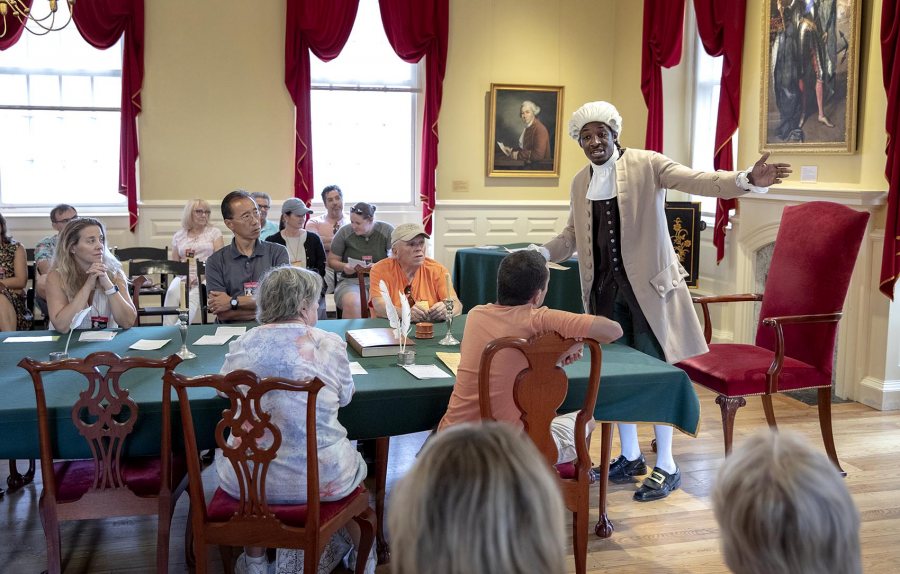 Stephen Sampson plays Prince Hall at a performance of "The Petition" at the Old State House. (Robin Lubbock/WBUR)